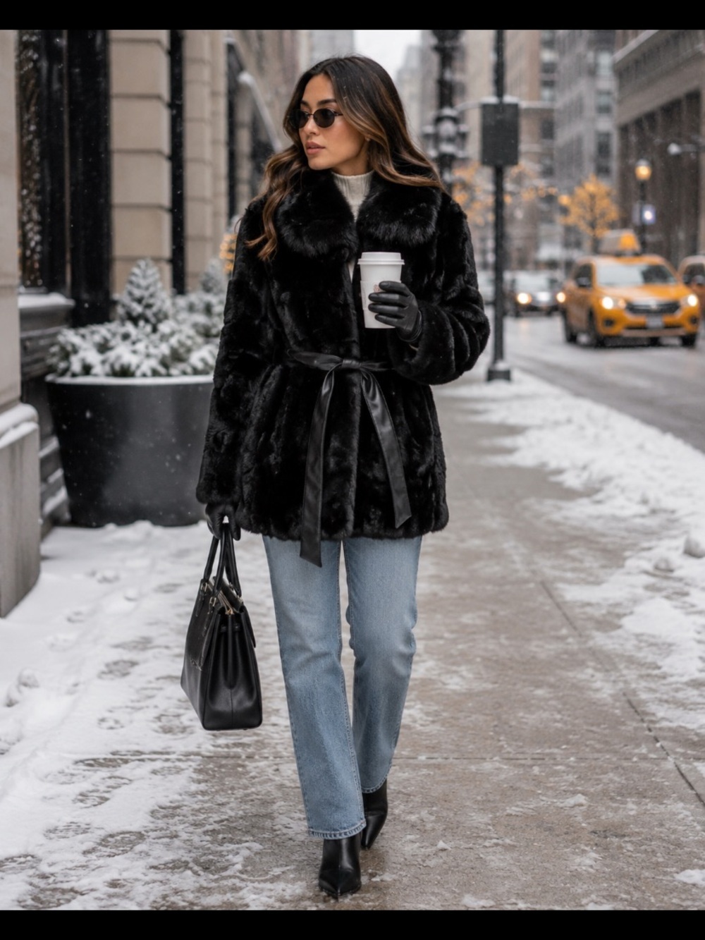 Vintage Fur Coat with Leather Belt, XL